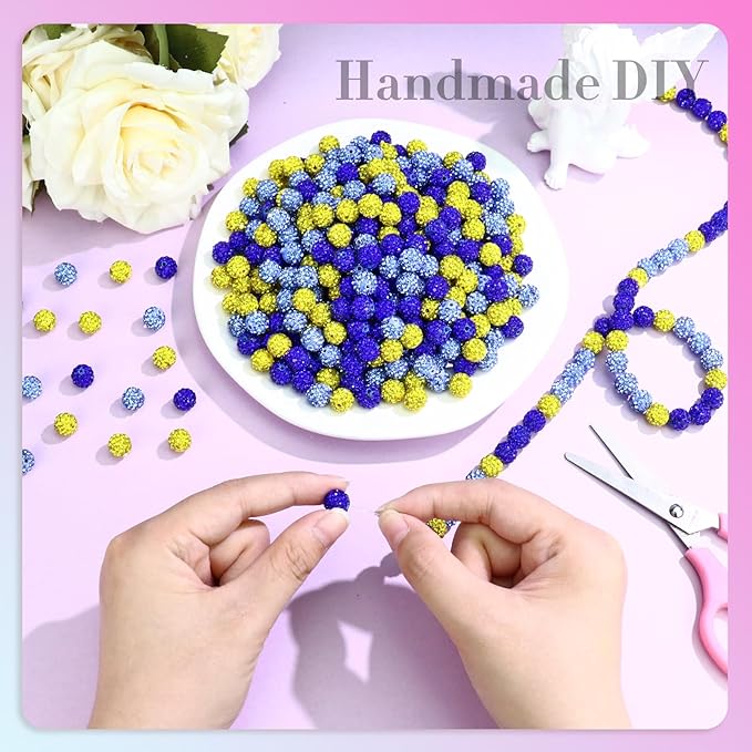 Dowarm 255PCS 10mm Rhinestone Beads for Baseball Rhinestone Necklace Bracelet Jewelry Making, Round Polymer Clay Beads for Crafts Beaded Pen, DIY Shamballa Pave Disco Bead, Ice Blue|Blue|Yellow