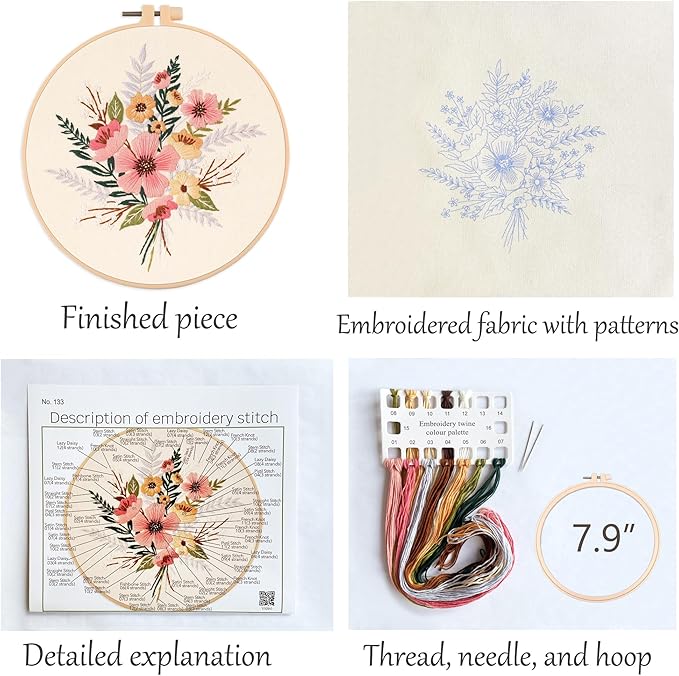 Silentsea Embroidery Kit, Floral and Nature Designs, 3-Pack with Hoops, Needlework Pattern Set (Flower)