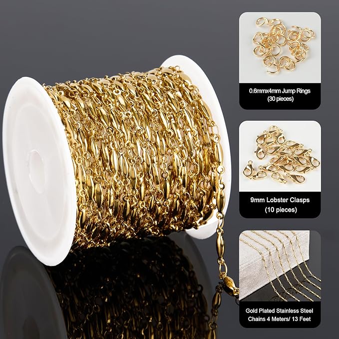 YOUBEIYEE 13 Feet Gold Plated Chain for Jewelry Making Stainless Steel Bar Link Chains Bulk on Spool with Jump Rings Lobster Clasps