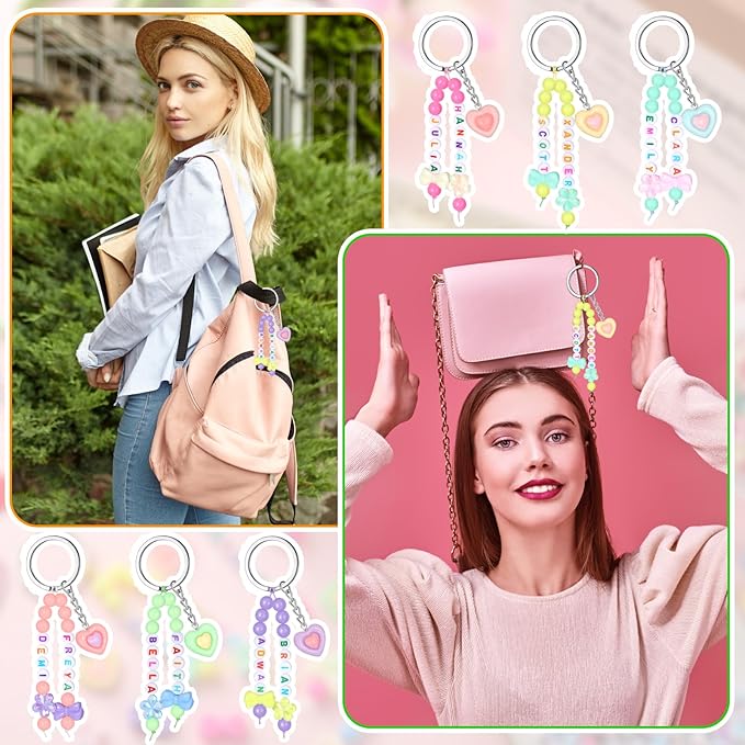Landical 564 Pcs Bow Heart Keychain Making Kit DIY Mother's Day Bead Key Chain Craft Adjustable Name Beads String Mom Gift Easter Pastel Jewelry Backpack Accessories Holiday Party Favor(Candy Color)