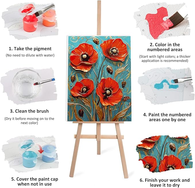 Lxmsja Red Poppies Paint by Numbers Kit for Adults, Acrylic Landscape Paint by Numbers for Adults Beginner, DIY Craft Supplies Oil Painting Kits for Home Wall Decor 12x16 inch (Framed)