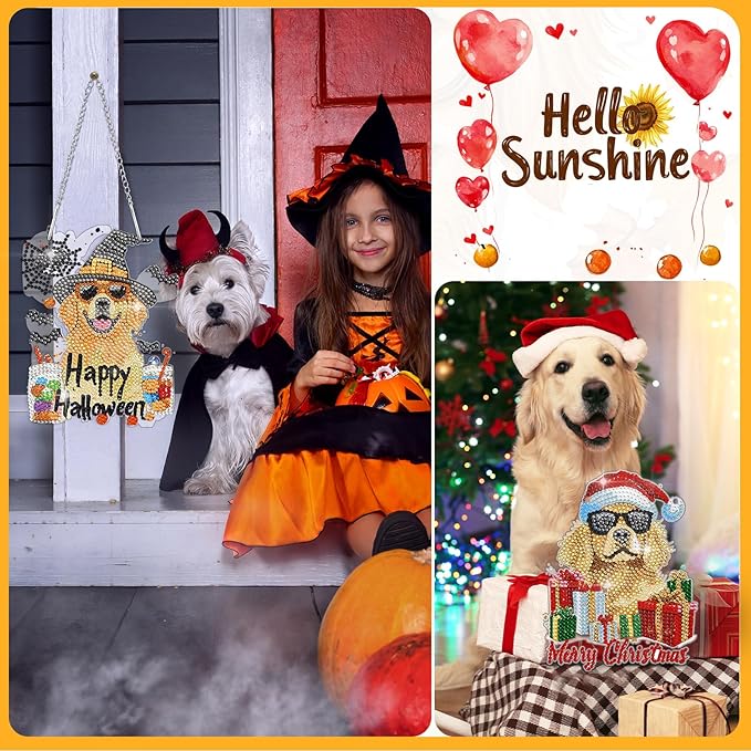 Cinnvoice 12 Pcs Seasonal Diamond Art Wreath Kits Holiday 5d DIY Diamond Art Hanging Signs Winter Spring Ornaments for Wall Door Decoration(Dog)