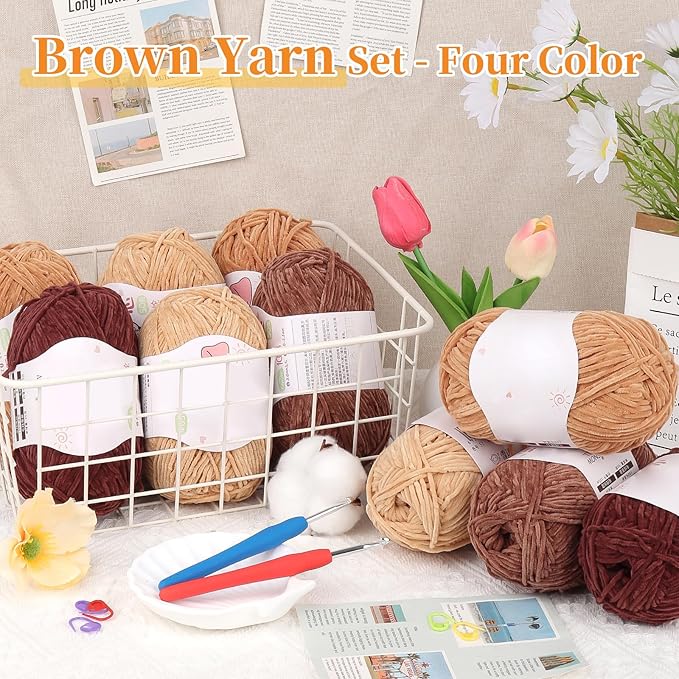 Coopay Skinny Chenille Yarn for Crocheting and Knitting, 12 Pack of 50g/1.76oz - 1764yd Total, Soft Velvet Yarn of Baby Weights - Suitable for Baby Blankets, Plush Toys - Super Soft (Brown Gradient)