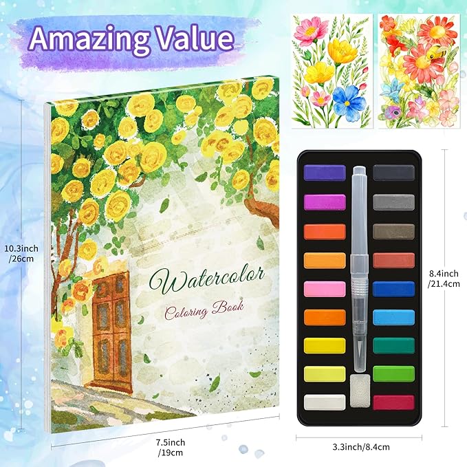 Elfew Watercolor Workbook Set for Adults & Beginners, 18 Color Watercolor Paint with Self-Watering Brush Pen, 20 Beautiful Watercolor Paintings for Adults