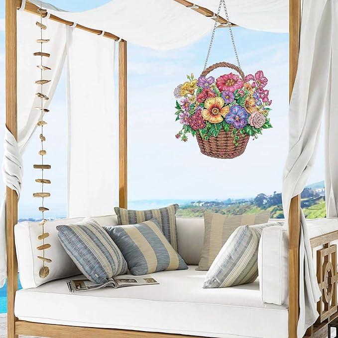 VAIIEYO Basket Diamond Art Hanging Ornament, Flower Diamond Painting Suncatchers Window Hanging Kit with Chain, 7.5x7.5 inch Crystal Pendant Art Craft for Gift Home Wall Front Door Decoration