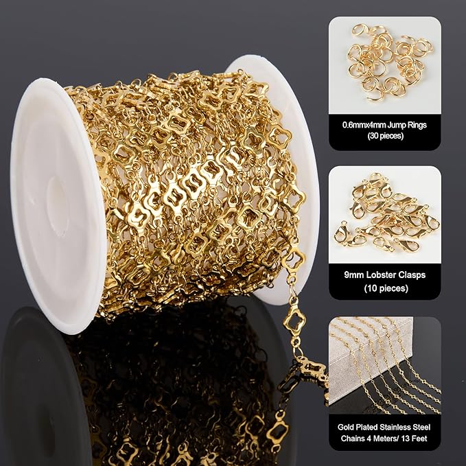 YOUBEIYEE 13 Feet Four Leaf Clover Chains for Jewelry Making Gold Plated Stainless Steel Chains Bulk on Spool