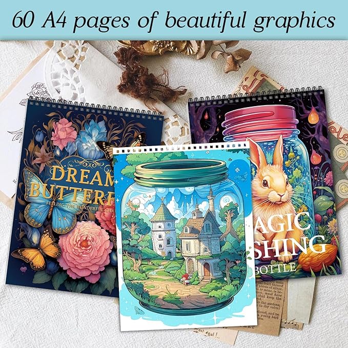2Pcs Coloring Books for Adults Relaxation Coloring Book for Women Spiral Bound Printed On One Side Fun Magic Coloring Book(Magic Wishing & Dream Butterfly)