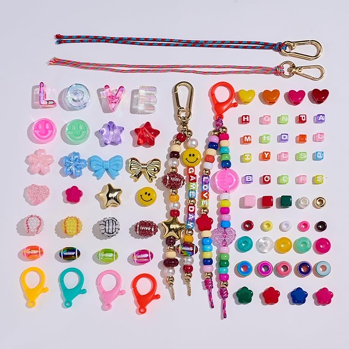 MYCUTEY DIY Keychain Making Kit-Beaded Keychain＆Bag Charm Craft Supplies with Keyrings,Cords and Colorful Football,Letter,Heart,Pony Beads for Women Kids,Personalized Name A-Z Jewelry Making Kit Gifts