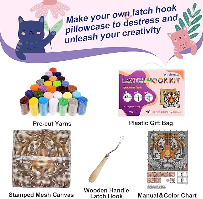 veirousa Tiger Latch Hook Kits for Adults Beginners, Animal Latch Hook Pillow Kit Pre-Printed Latch Hook Rug Kits Craft Cushion Set for Home Sofa Decoration 17x17 in. Handmade Gift