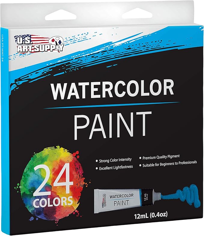 U.S. Art Supply 24-Color Water Colors Paint Set, 12ml Professional Watercolor Tubes, Vibrant Pigments - Water Colors Paint Adult Set for Artists