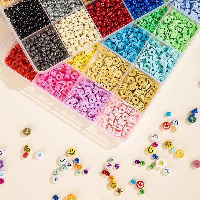 Goldwise Adult Jewelry Making Bead Set – 4 Storage Boxes with 48 Colors Clay & Glass Seed Beads, Letter Beads and Jewelry Findings for Bracelets, Necklaces & Accessories