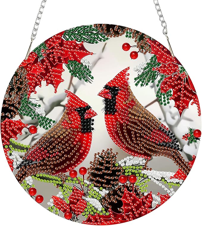 SENQAO Christmas Diamond Art Hanging Kits for Adults Kids, Christmas Cardinal Diamond Art Suncatchers, 5D Special Shape Diamond Painting Pendant Window Ornament Gifts for Home Door Wall Decor