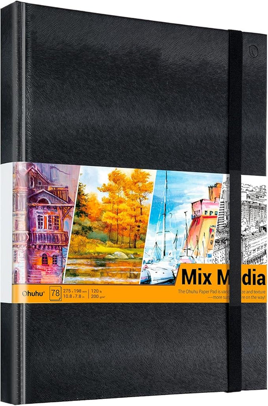 Ohuhu Mix Media Pad - 10.8" x 7.8" Mixed Media Art Sketchbook, 120 llb/200 gsm Heavyweight Papers, 78 Sheets/156 Pages, PU Hardcover Mixed Media Paper Pad for Acrylic Painting Christmas Gift