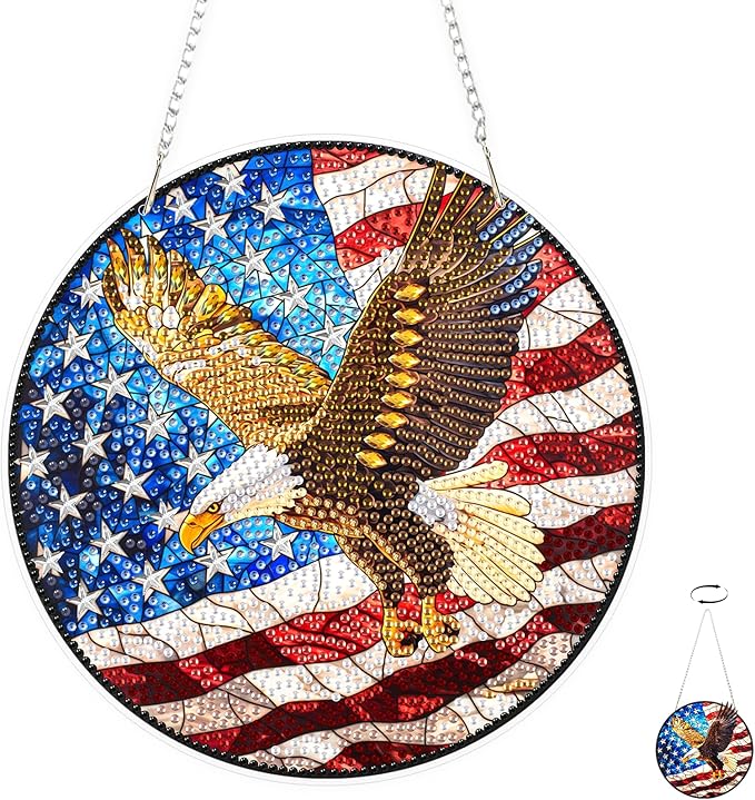 TOSTOG Eagle Diamond Art Hanging Kits for Adults, Flag Eagle Diamond Painting for Adults Window Pendant,Special Shape Diamonds Diamond Painting Hanging Pendant Kit for Wall Home Decor Gift
