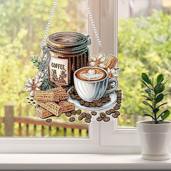 HEIBAGO Diamond Art Hanging Kits for Adults Kids, Hanging Diamond Art Fall, 5D Special Shaped Crystal Diamond Painting Kit Coffee, DIY Pattern Window Pendant for Home Wall Decor 8.3x8.3Inch