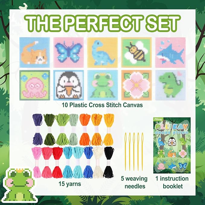 Pllieay 10-in-1 Cross Stitch Beginner Kit for Kids, Embroidery Kit Includes 10pcs Plastic Mesh Canvas with Pattern, 15 Yarns, 5 Weaving Needles, Needle Points Starter Sewing Set with Instructions