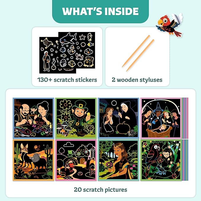 Scratch Craft for Kids – 30 Magical Fairy Tales Scratch-Off Pictures & 130+ Stickers – Craft Kits, DIY Supplies – Arts & Crafts Gifts for Boys & Girls Ages 3, 4, 5, 6, 7, 8