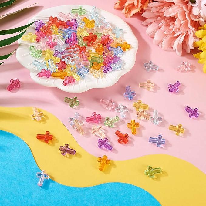 FASHEWELRY 200Pcs Candy Color Acrylic Cross Beads Clear Small Crosses Spacer Beads Transparent Acrylic Pony Bead Cute Bead Bulk for Bracelet Necklace Jewelry Making