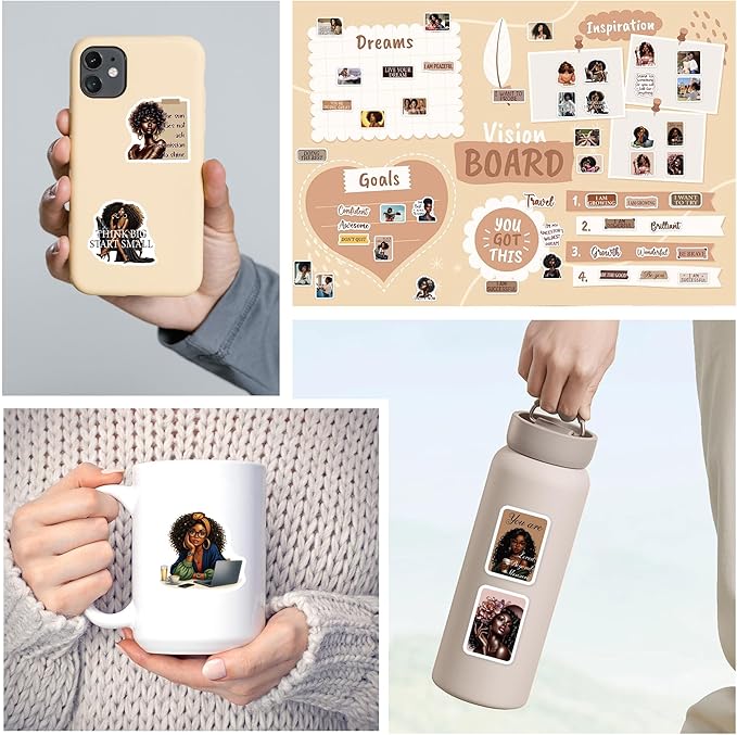 Black Girl Vision Board Stickers, 100 Pcs Inspirational Vision Board Supplies for Black Women, Affirmation Quote and Positive Self Love Decals for Journal Planner Scrapbook Laptop DIY Wall Decor