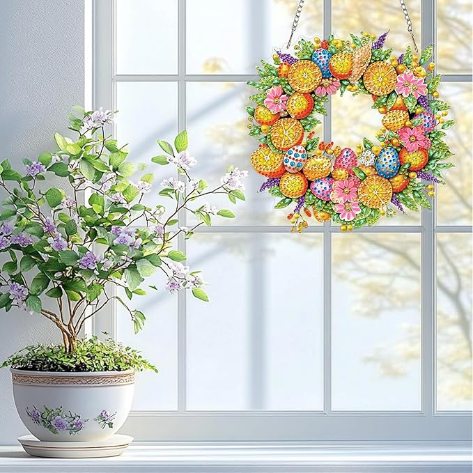 QENSPE Diamond Painting Art Hanging Kits for Adults, 5D Easter Eggs Special Shape Diamond Paingting Ornaments with Chain, DIY Flower Wreath Crystal Window Pendants for Home Wall Decor Gifts 8X8 inch