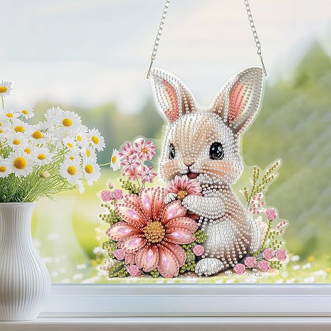 NEWENMO Diamond Art Kit for Adult, Bunny with Flower, Diamond Art Painting Double Sided Window Pendants for Home Garden Wall Hanging, DIY Special Shaped Gem Hanging Ornaments, Easter Bunny