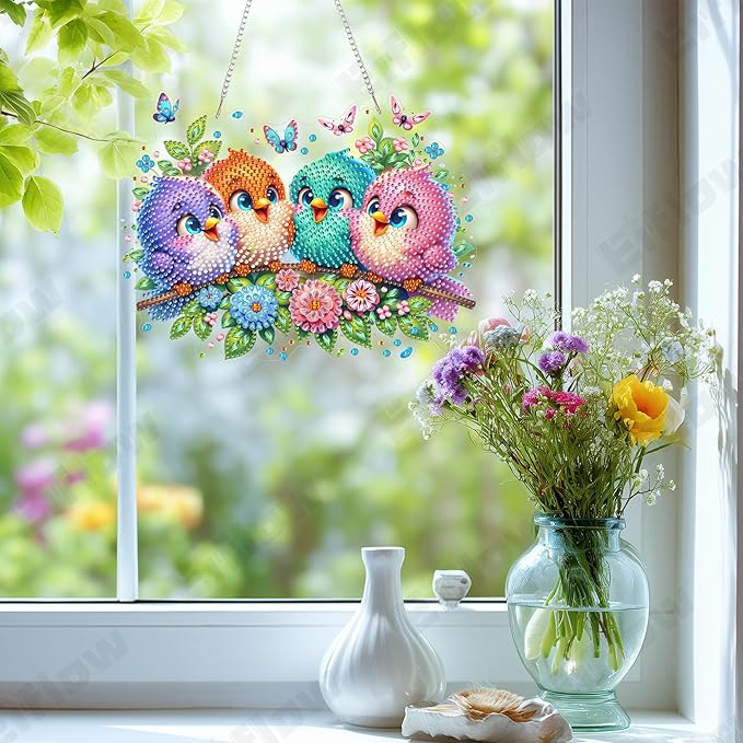 Eiflow Acrylic Diamond Art Hanging Kit for Adults, DIY Diamonds Painting Door Hanging Board Kit, Special Crystal Diamond Art Painting Pendant Ornament (Birds)
