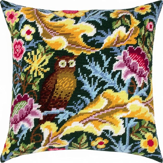 Brvsk Tapestry Needlepoint Kit for Adults and Beginners — Owl by John Henry Dearle 16″ × 16″ with Clear, Precise Printed Design on Cotton Canvas; Includes 2 Needles, Yarn, and Easy-Read Chart