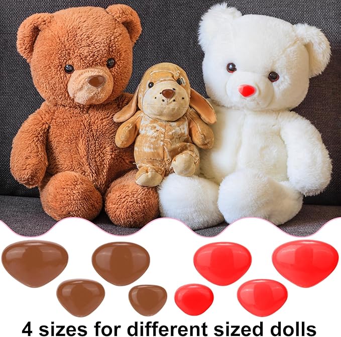 CustomyLife 32 Sets Safety Noses for Amigurumi, 4 Sizes Plastic Craft Doll Noses with Washers, Large Animals Noses for Crochet Puppet Plush Toy Accessories- Red & Brown