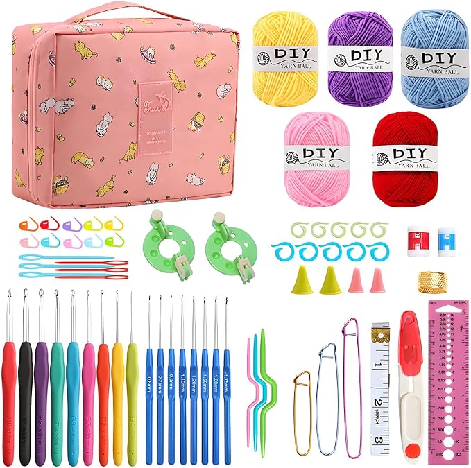 QRZLP Complete Crochet Kit with Storage Bag - 59-Piece Beginner Crochet Set Includes Yarn Balls, Crochet Hooks, Stitch Markers, Needles & Accessories for DIY Knitting, Amigurumi, and Craft Projects.