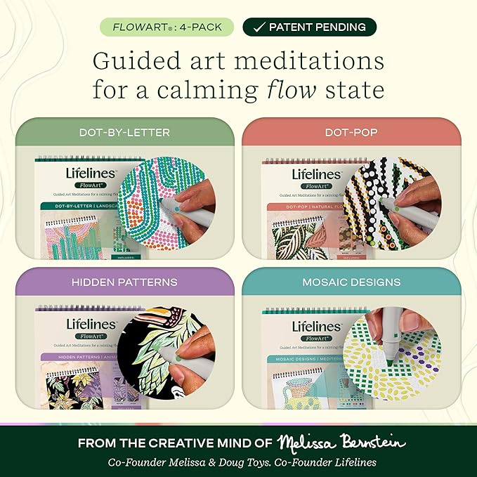 Lifelines FlowArt Activity Pads, 4-Pack - Guided Art Meditations with 4 Sets of Markers & 80 Scenes - Color by Number/Letter, Dot Art and More Coloring Books for Tweens, Adults & Seniors