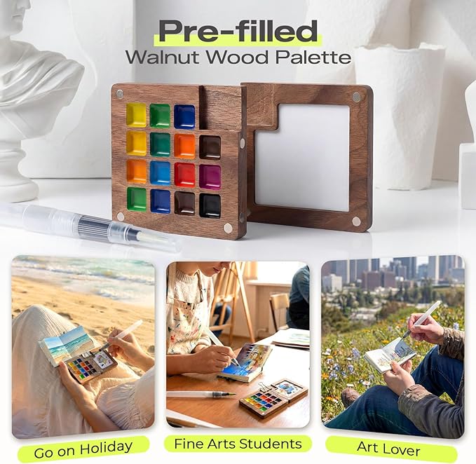 5 Pcs Mini Watercolor Paint Set, All-in-One Walnut Wood 15-Color Premium Pocket Travel Paint Kit, with Crossbody Bag,Watercolor Journal Metal Clip Paint Ideal for Art Lovers (5)