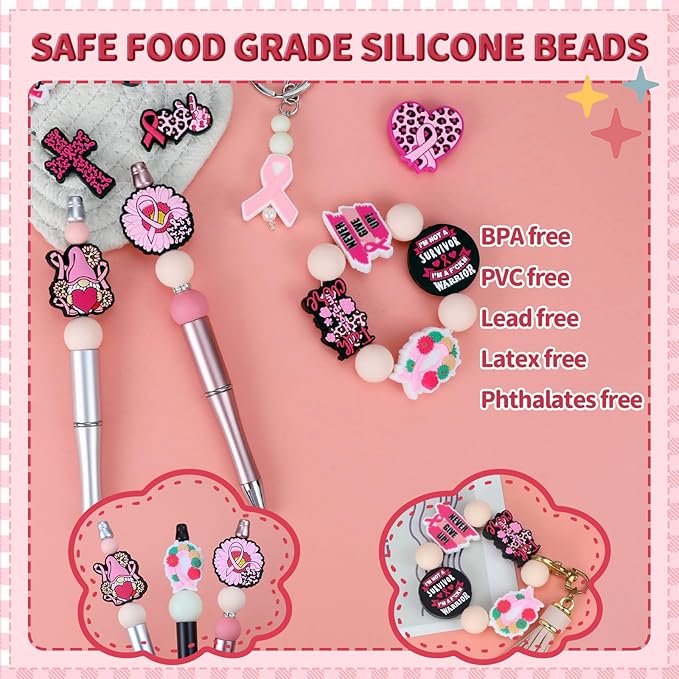 12PCS Breast Cancer Awareness Silicone Beads for Pens, 12Pcs Silicone Focal Beads for Keychain Making DIY Handicraft（Breast Cancer Awareness）
