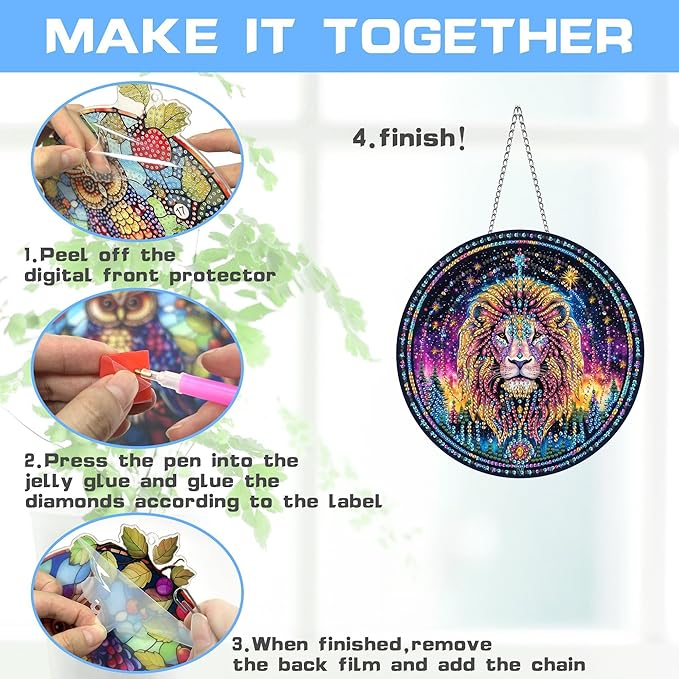 VAIIEYO Lion Diamond Art Hanging Ornament, Animal Diamond Painting Suncatchers Window Hanging Kit with Chain, 7.5x7.5 inch Crystal Pendant Art Craft for Gift Home Wall Front Door Decoration