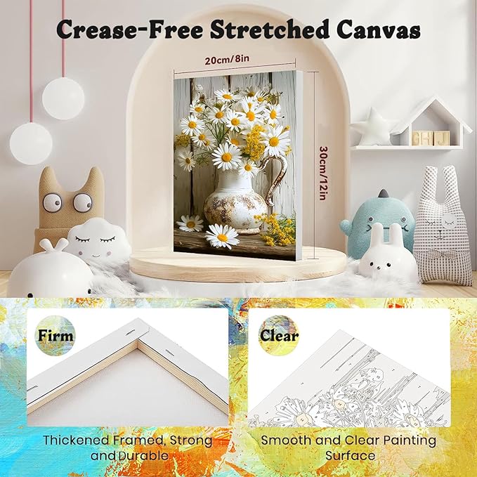 4 Pack Paint by Numbers for Adults with Framed Canvas - with Wooden Easel, Vintage Flower Paint by Number, Daisy Rustic Flowers Acrylic Oil Painting on Canvas with Brush for Home Wall Decor 8x12 inch