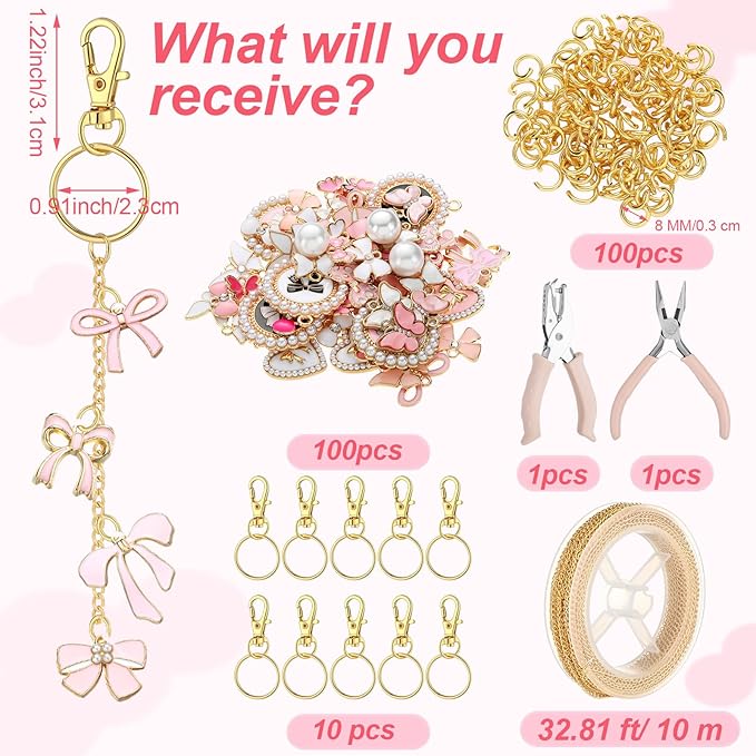 VioraWhite 213 Pcs Lip Gloss Keychain Making Kit 100 Pink Enamel Charms 32.81 ft Gold Chains for DIY Crafts Women(Butterfly)