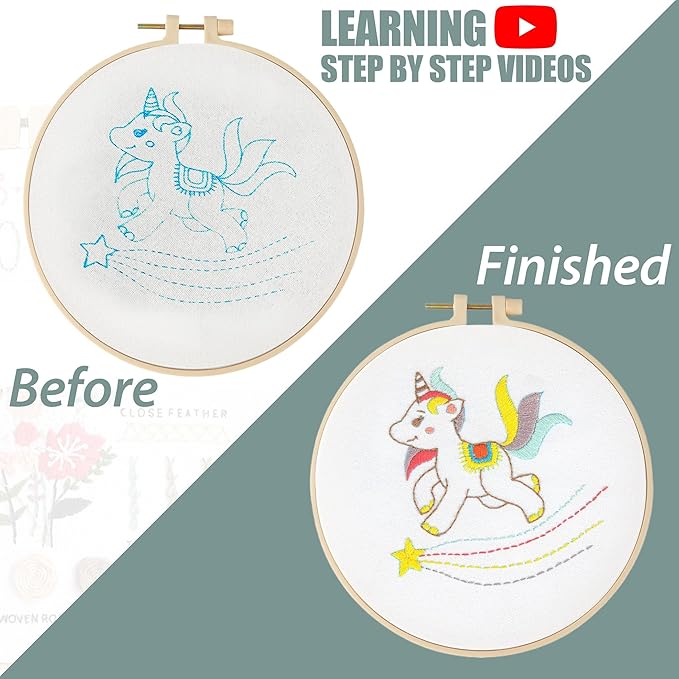 embroidery kit for beginners adults, adult starter cross stitch kit needlepoint complete diy kit with unique patterns, hoop, colorful threads, tools, step by step instructions & video tutorial