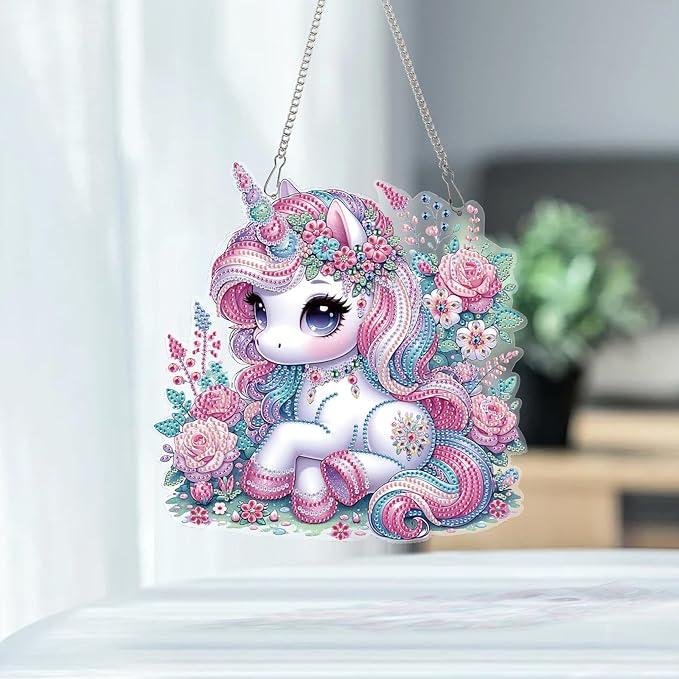AiYuanzsh Pink Unicorn Special Shape Diamond Painting Hanging Kit for Adults, 5D Crystal Rhinestone Diamond Art Ornament Fantasy Floral Design for Window Wall Home Decor