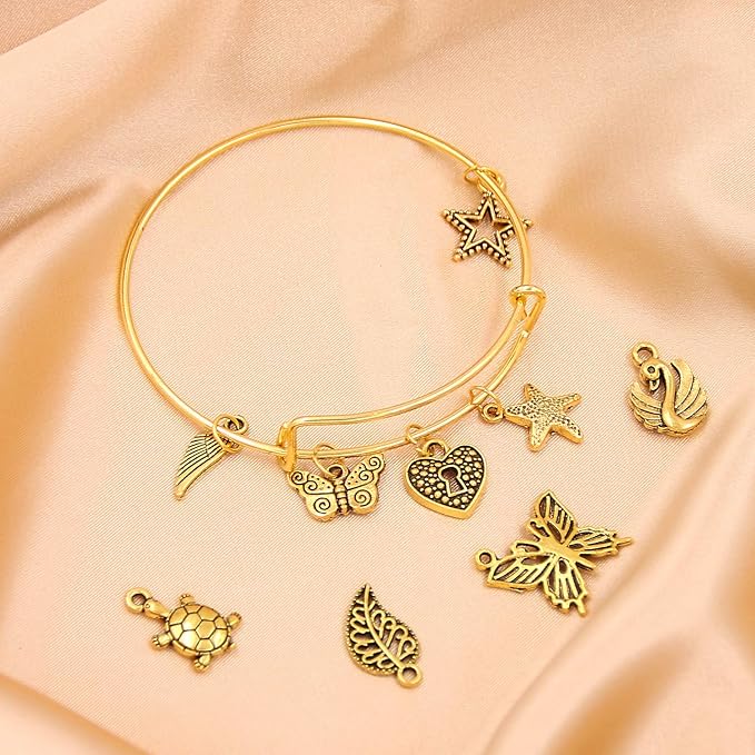 UPINS 30Pcs gold Expandable Blank Bracelets Adjustable Wire Bangles with 100Pcs Tibetan Silver Charms, 200Pcs Open Jump Rings for Jewelry Making