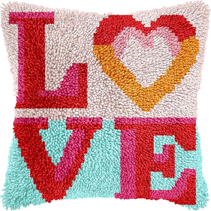 Cozykeke Love Latch Hook Kit,DIY Pillow Cover Cushion Craft Kits with Pre-Printed Canvas for Adults and Beginners, Suitable for Home Decor and Festival Gift 17 * 17in (BX913)