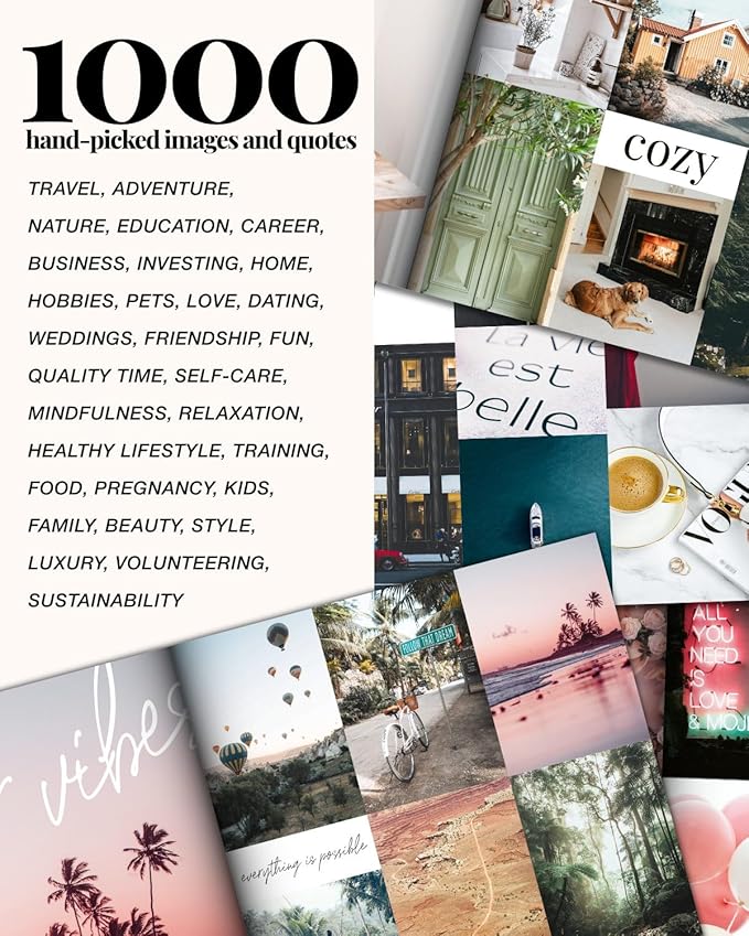 Vision Board Book Magazine for Women - 1000+ Diverse Pictures, Quotes, Self-discovery Exercises | Complete Collage Clip Art Supplies Kit for Adults | Ideal for Vision Mood Board Party & Manifestation