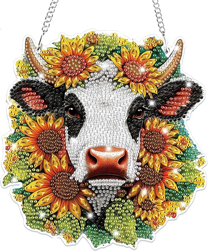 Bowetile Hanging Diamond Art Cow Kits for Adults, 5D Special Shape Diamond Painting Sunflower Kits, Animal Diamond Gem Art Suncatchers Painting Pendant Ornament for Home Garden Wall Decor