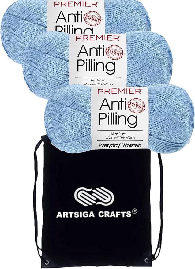 Premier Yarns Everyday Anti-Pilling Solid Baby Blue DN100-5 (3-Skeins - Same Dye Lot) #4 Worsted Weight Acrylic Yarn for Crocheting and Knitting with Project Bag