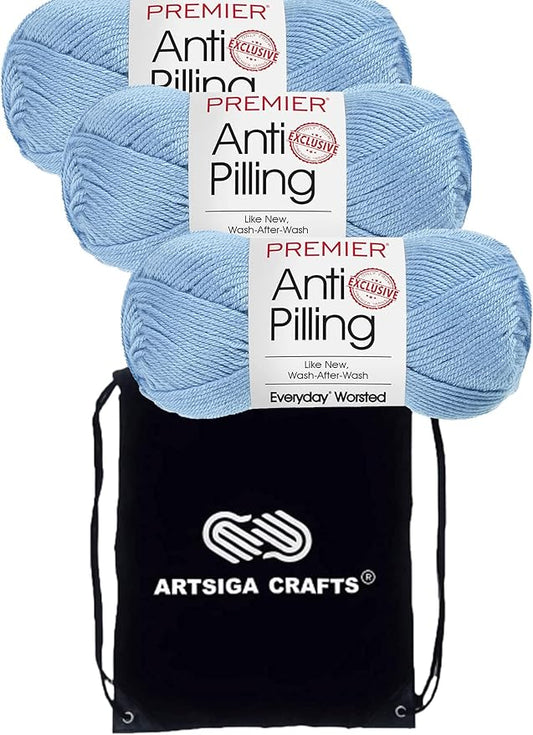 Premier Yarns Everyday Anti-Pilling Solid Baby Blue DN100-5 (3-Skeins - Same Dye Lot) #4 Worsted Weight Acrylic Yarn for Crocheting and Knitting with Project Bag