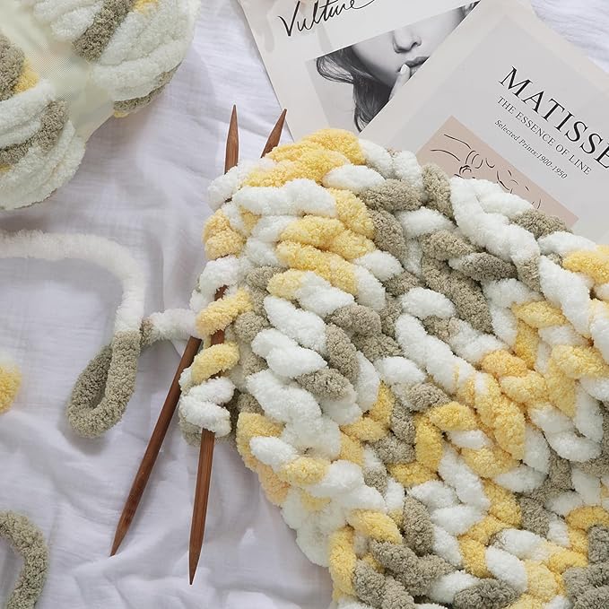 HOMBYS Chunky Tie Dye Mix Chenille Yarn for Hand Knitting, Super Bulky Jumbo Yarn for Crocheting, 3/4" Thick Soft Plush Yarn for Blankets, 8 Skein Pack (26 yds / 7.5 oz Each) White Yellow Brown