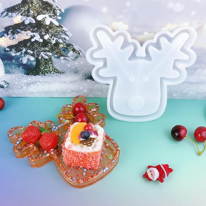 Christmas Reindeer Silicone Mold Resin kit, Epoxy Resin Tray Casting Molds with Glitter Design, Candy and Snack Plates, Jewelry Storage Tray Holiday Crafting Resin molds Silicone Clearance