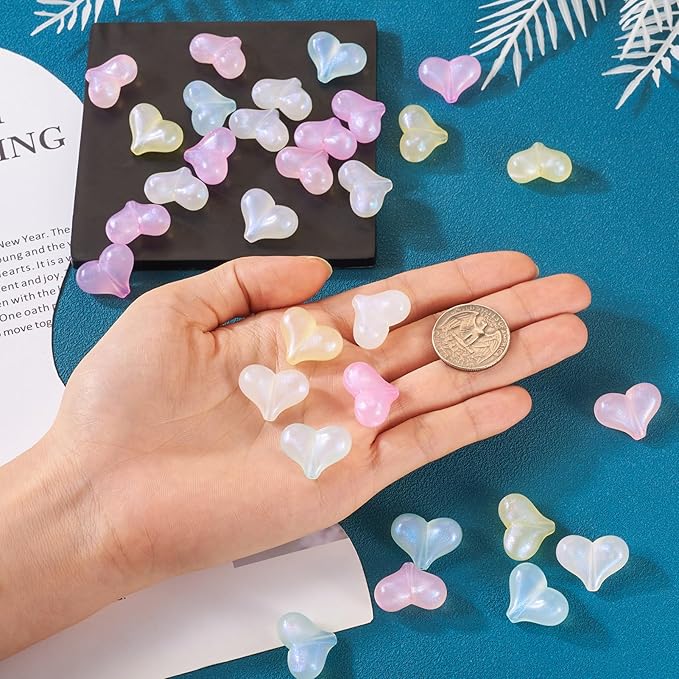 FASHEWELRY 50Pcs Rainbow Acrylic Heart Beads Glitter Heart Pastel Bead Candy Color Conversation Pony Beading Bulk for Valentine Day Jewelry Making Bracelet Keychains