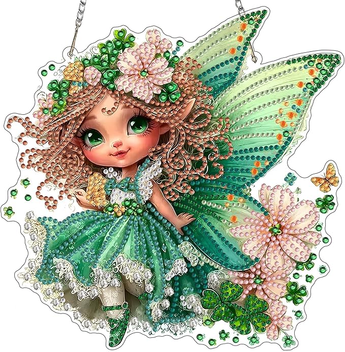 MXJSUA St. Patrick's Day Fairy Special Shaped Hanging Diamond Painting Art Kits for Adults, Crystal Rhinestone Acrylic Gem Art Pendant Ornaments Kit for Home Decor and Gift 7.87 * 7.87 Inch