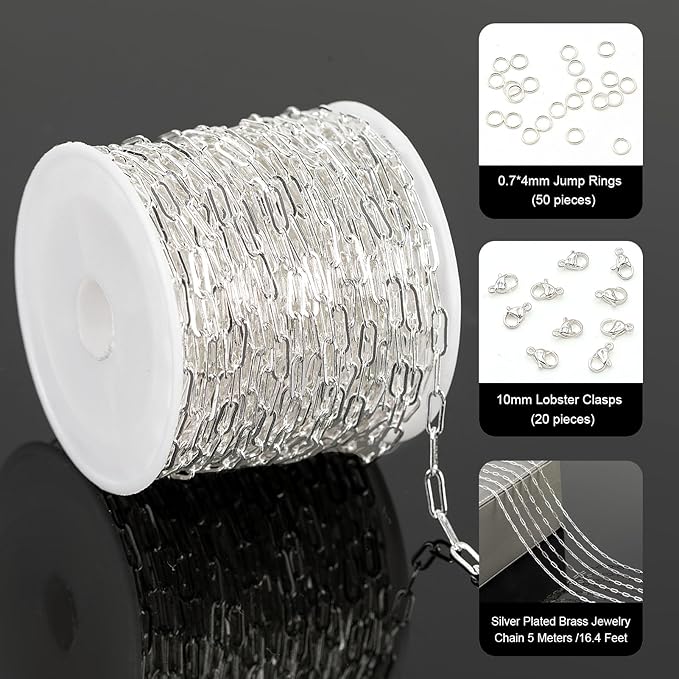 YOUBEIYEE 32.8 Feet Silver Paperclip Chain for Jewelry Making Silver Plated Brass Chain Roll for Women Necklace Bracelet DIY Jewelry Supplies