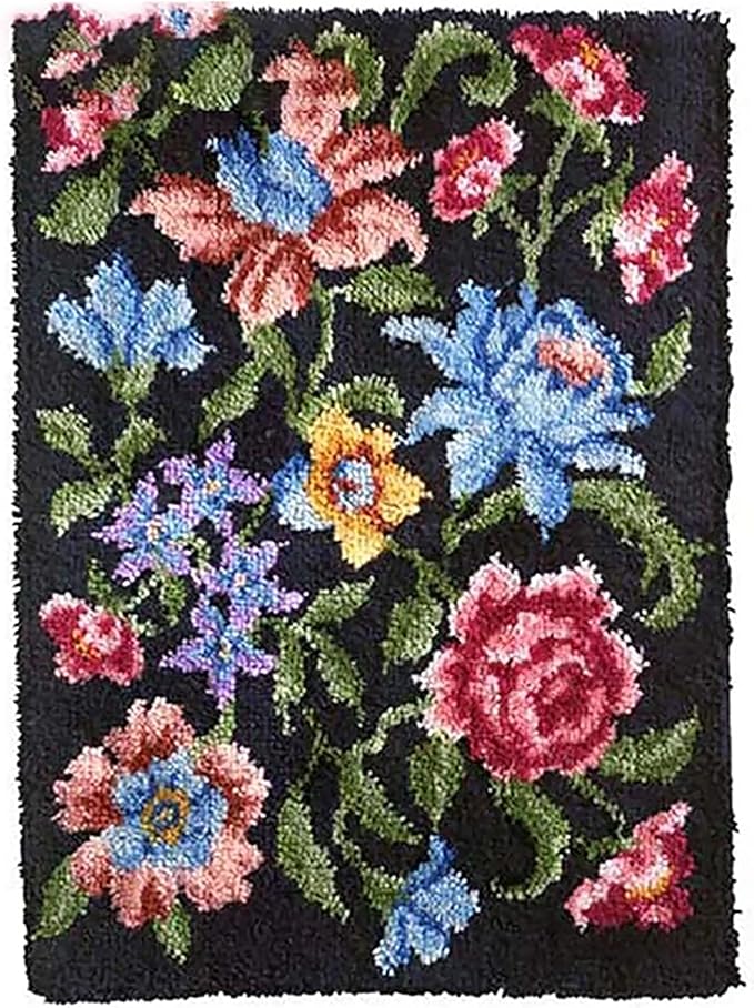 Large Latch Hook Rug Kit for Adults, DIY Crochet Yarn Rugs Tapestry Hooking Needlework Crafts Arts with Color Preprinted Pattern Embroidery for Home Decor,Rose Lily