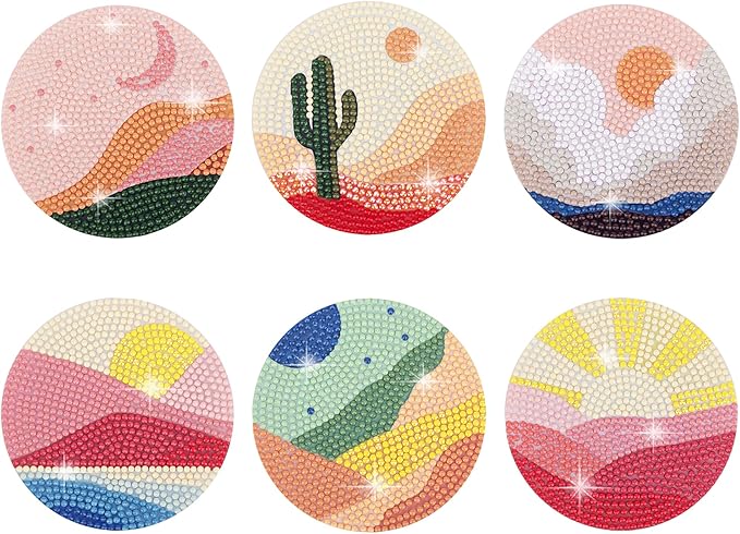 Temlum 6 Pcs Diamond Painting Coasters Kit, Abstract Landscape Diamond Art Coasters for Beginners, Adults Small Diamond Painting Kit Art Craft Supplies